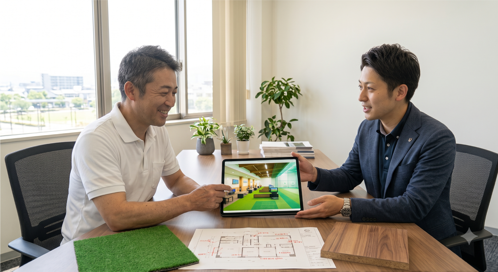 先代と後継者がタブレットでリニューアル計画を確認しているイメージ